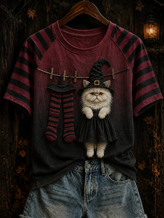Camiseta casual de manga corta para mujer, con diseño temático de Halloween: combinación de colores y estampado de gato brujita