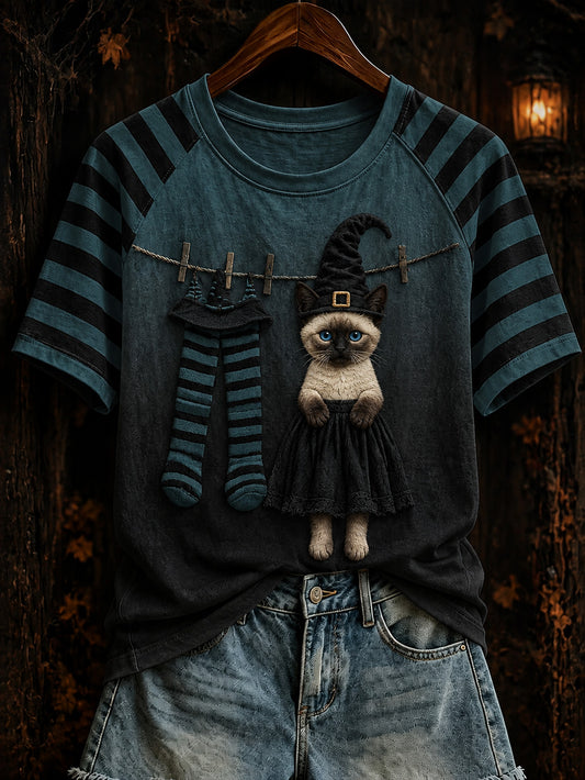 Camiseta casual de manga corta para mujer, con diseño temático de Halloween: combinación de colores y estampado de gato brujita