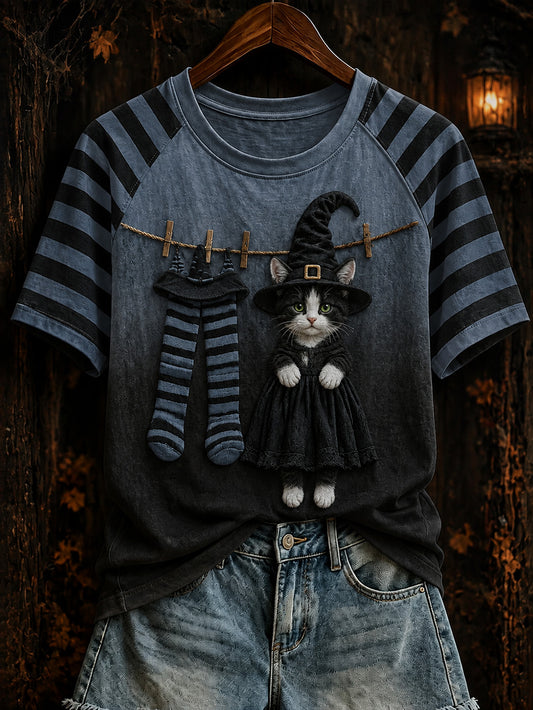 Camiseta casual de manga corta para mujer, con diseño temático de Halloween: combinación de colores y estampado de gato brujita