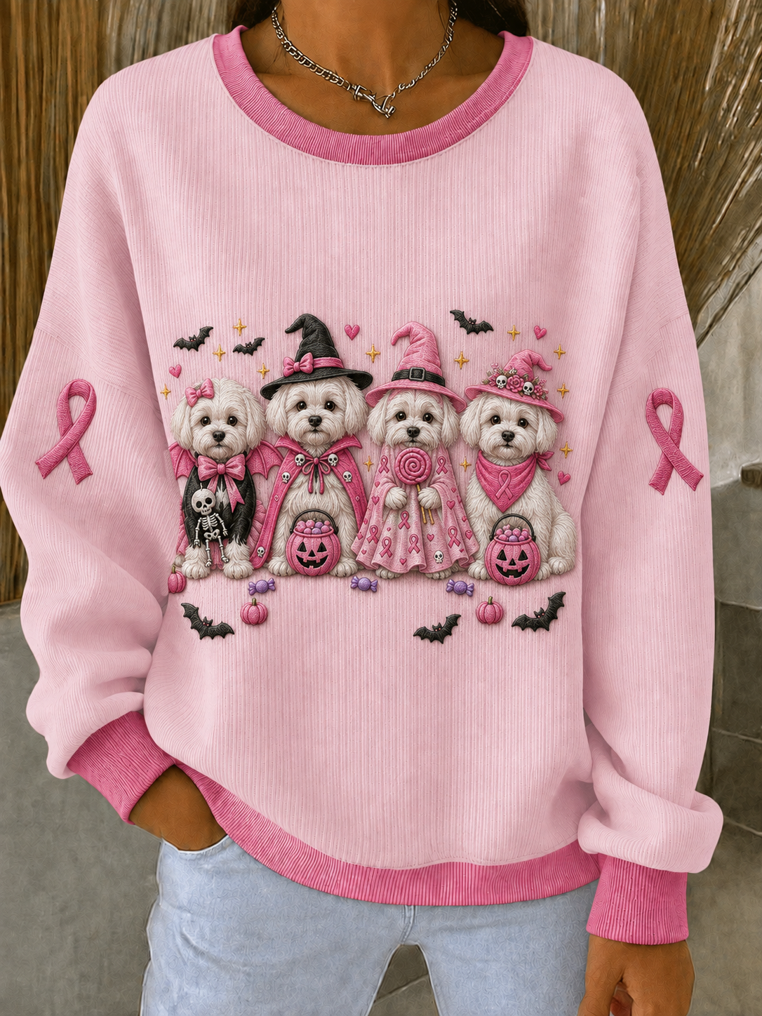 Sudadera de cuello redondo con ribete para cáncer de mama en mujeres