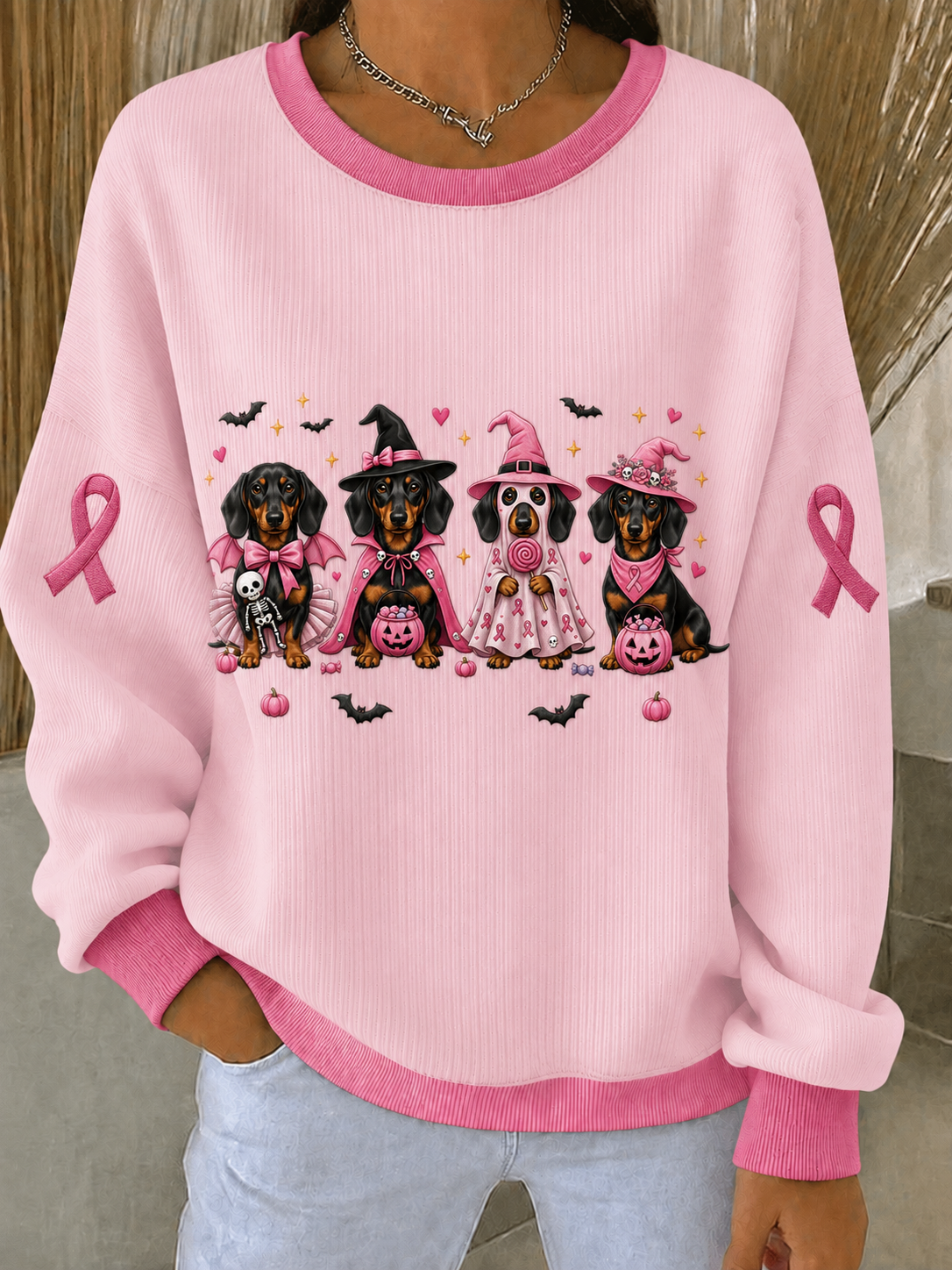 Sudadera con cuello redondo acanalado de cáncer de mama para mujer