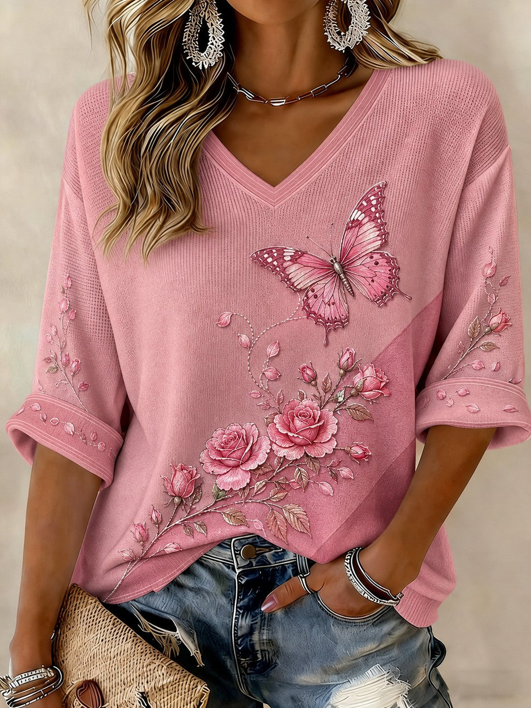 Las flores de cáncer de mama de las mujeres impresas de mediados de-longitud mangas camiseta con cuello en v