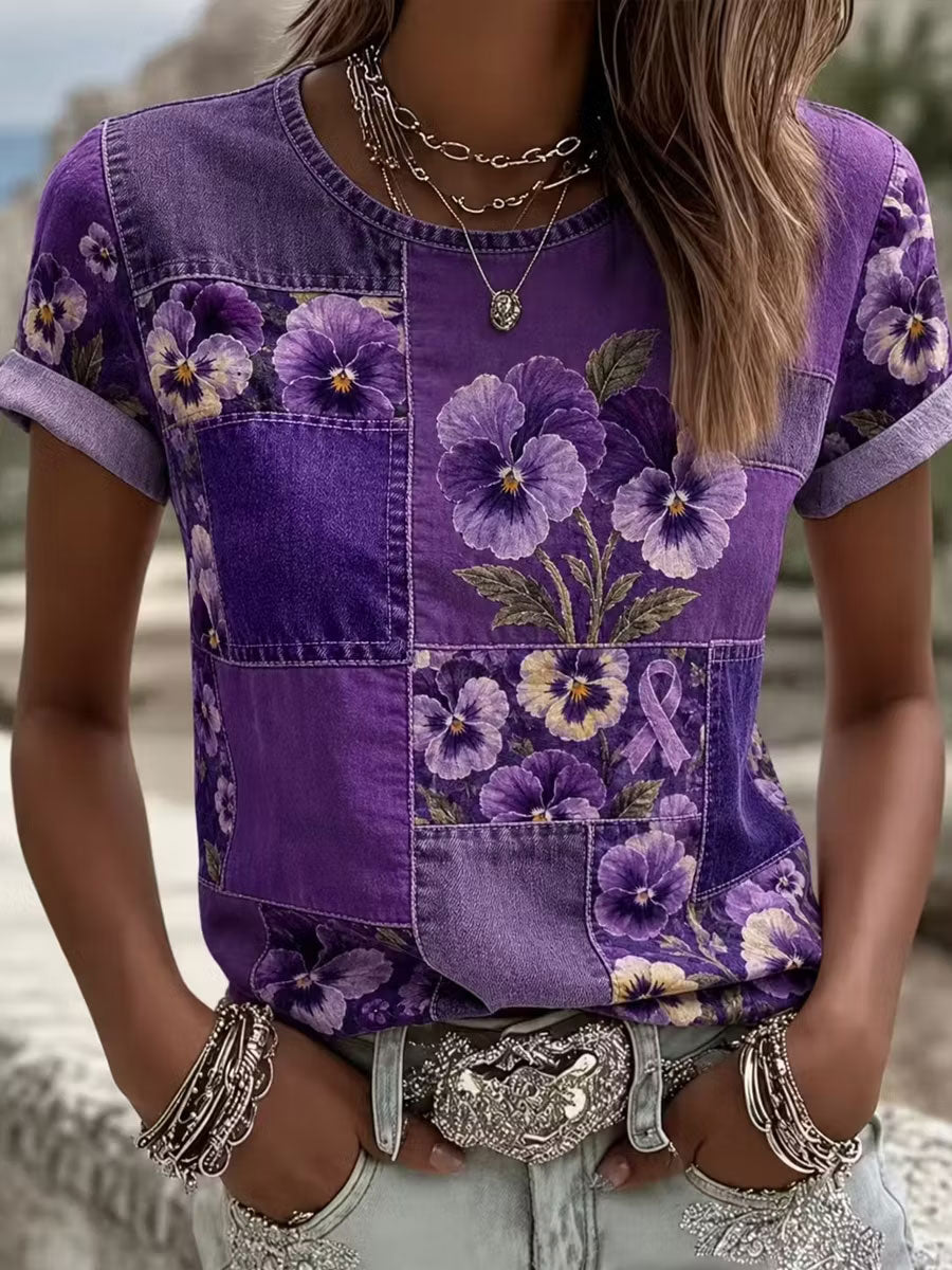 Camiseta de manga corta Alzheimer's Awareness Flowers para mujer