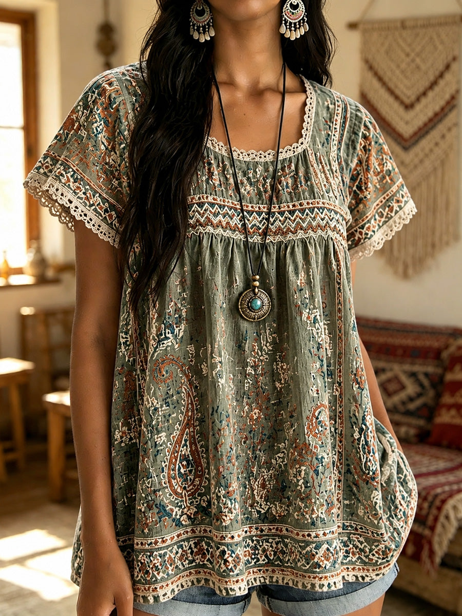 Blusa estampada bohemia vintage de señora