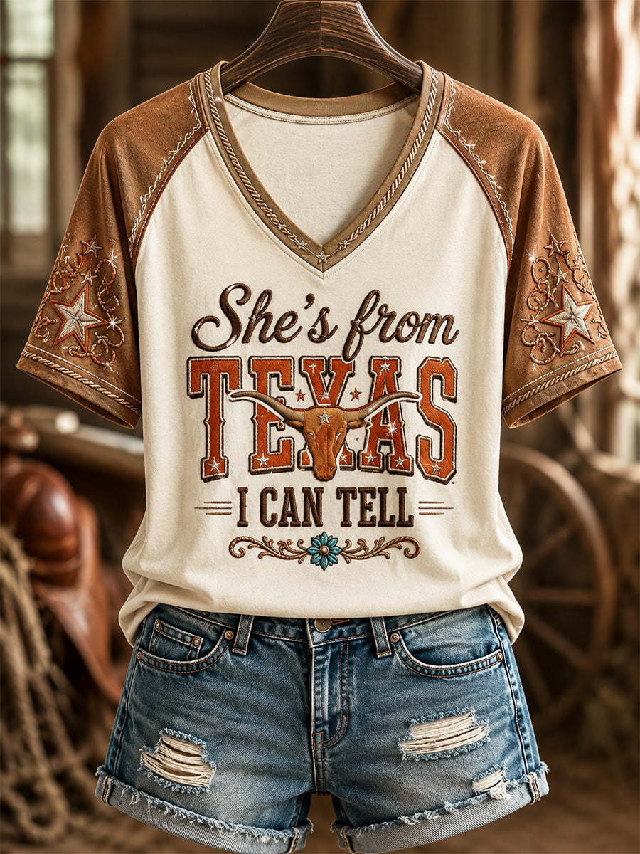 Ella es de Texas para mujer I Can Tell Print Casual V-Neck Tee