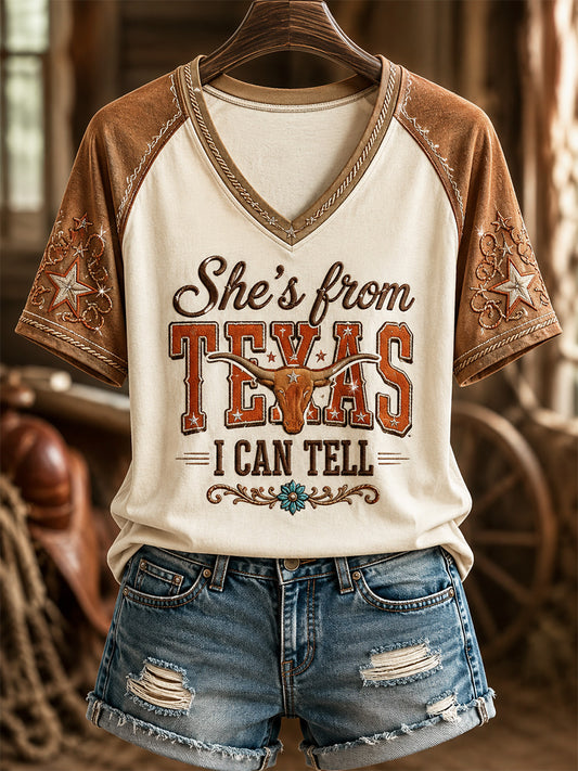Ella es de Texas para mujer I Can Tell Print Casual V-Neck Tee