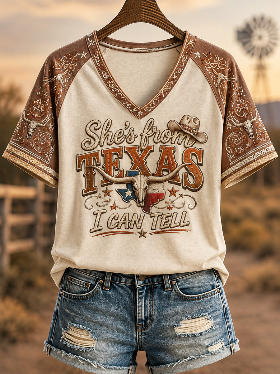 Camiseta casual con cuello en V y estampado «Ella es de Texas, se nota» para mujer
