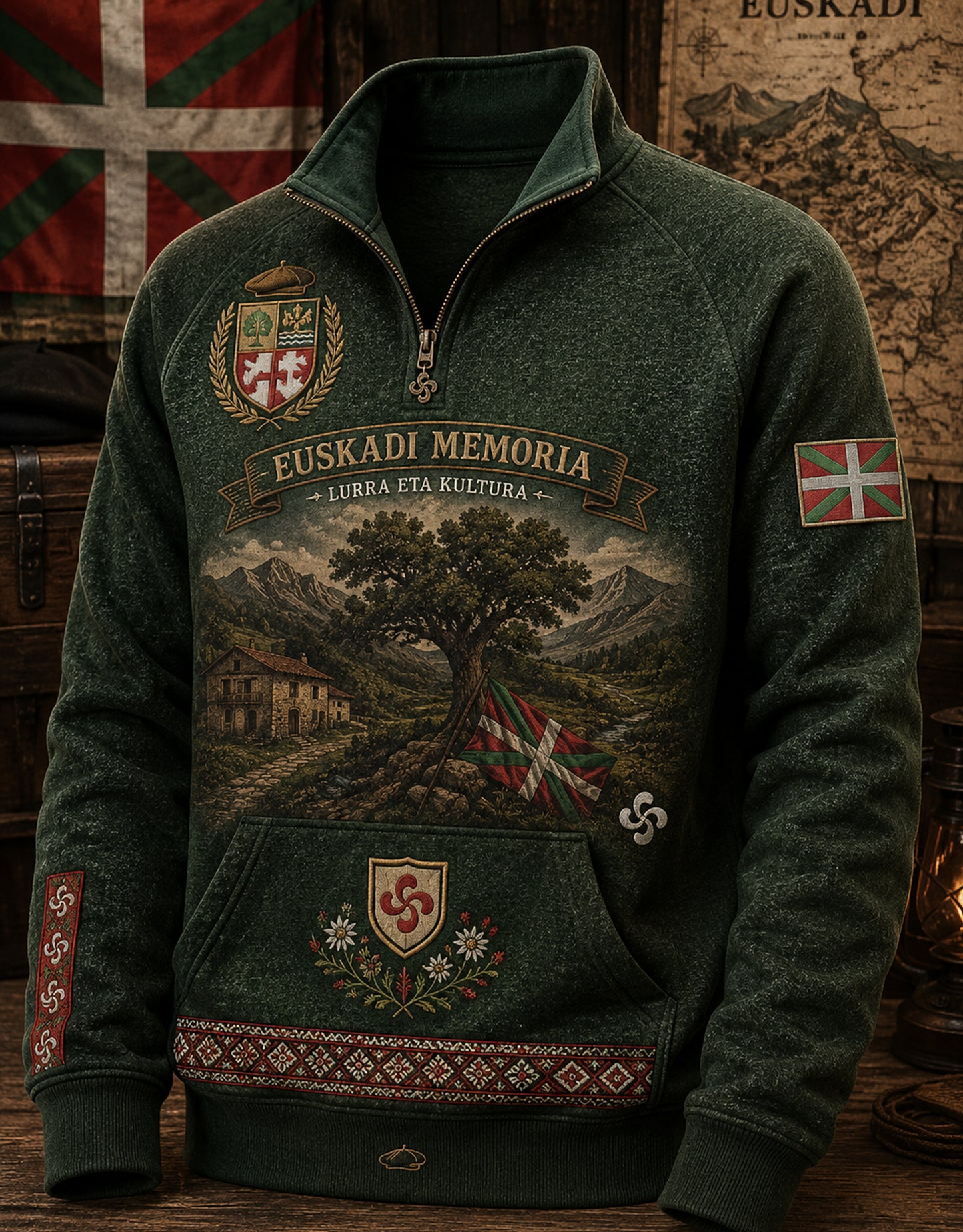 Sudadera con cuello de pie de media cremallera vasca española para hombre