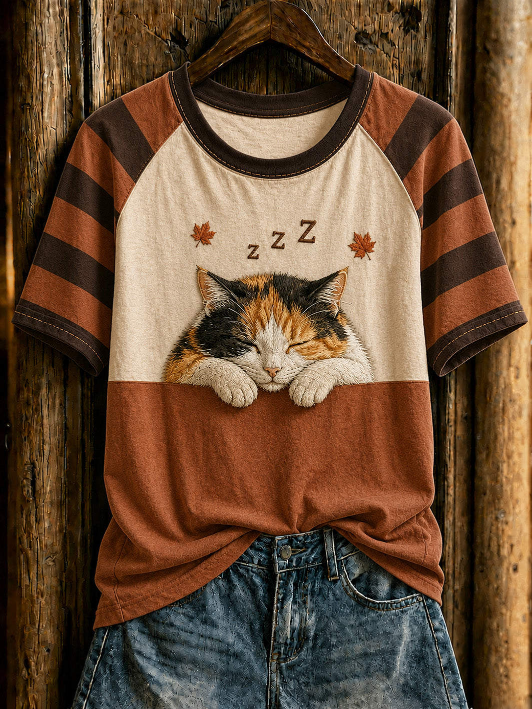 Camiseta de mujer con estampado de gato, cuello redondo y manga corta