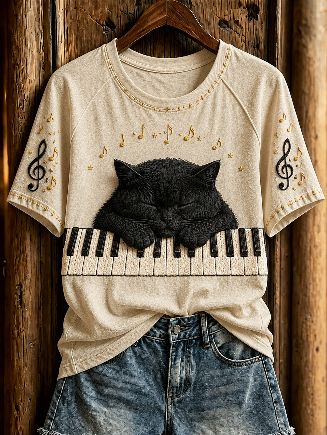 Camiseta casual de manga corta para mujer con diseño de gato y piano, muy tierna