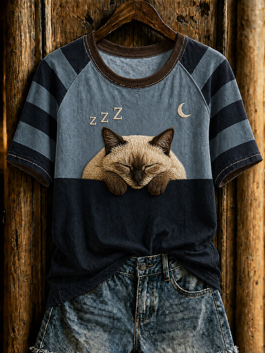 Camiseta de mujer con estampado de gato, cuello redondo y manga corta