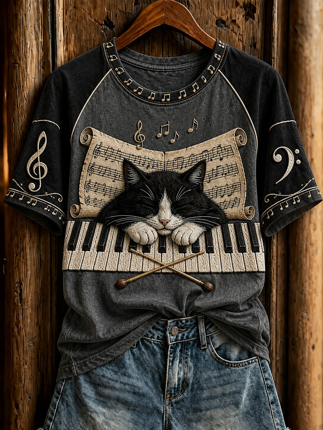 Camiseta casual de manga corta para mujer con diseño de gato y piano, muy tierna