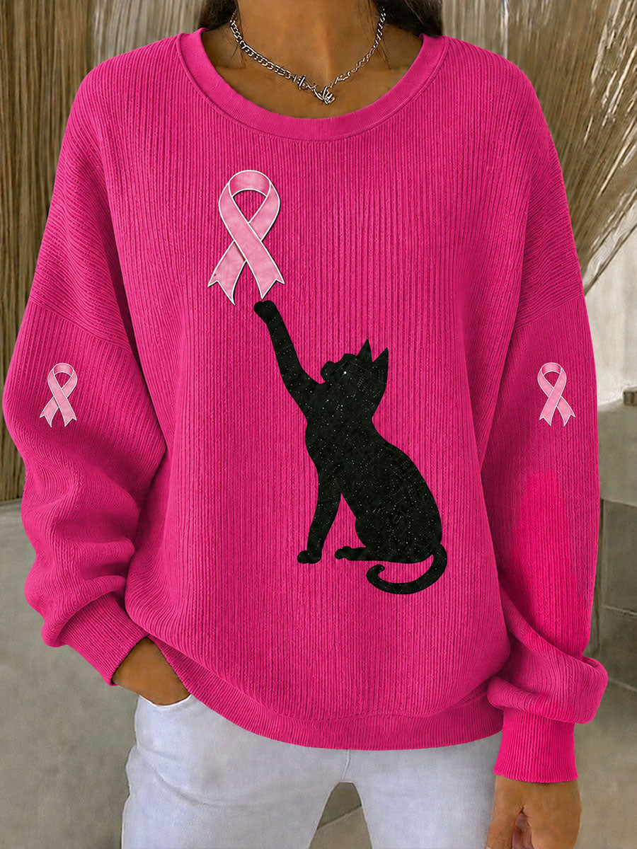 Conciencia del cáncer de mama para mujer Gato negro Cinta rosada acanalada Sudadera con cuello redondo