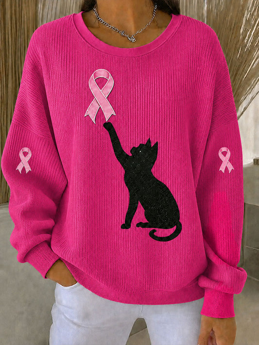 Conciencia del cáncer de mama para mujer Gato negro Cinta rosada acanalada Sudadera con cuello redondo