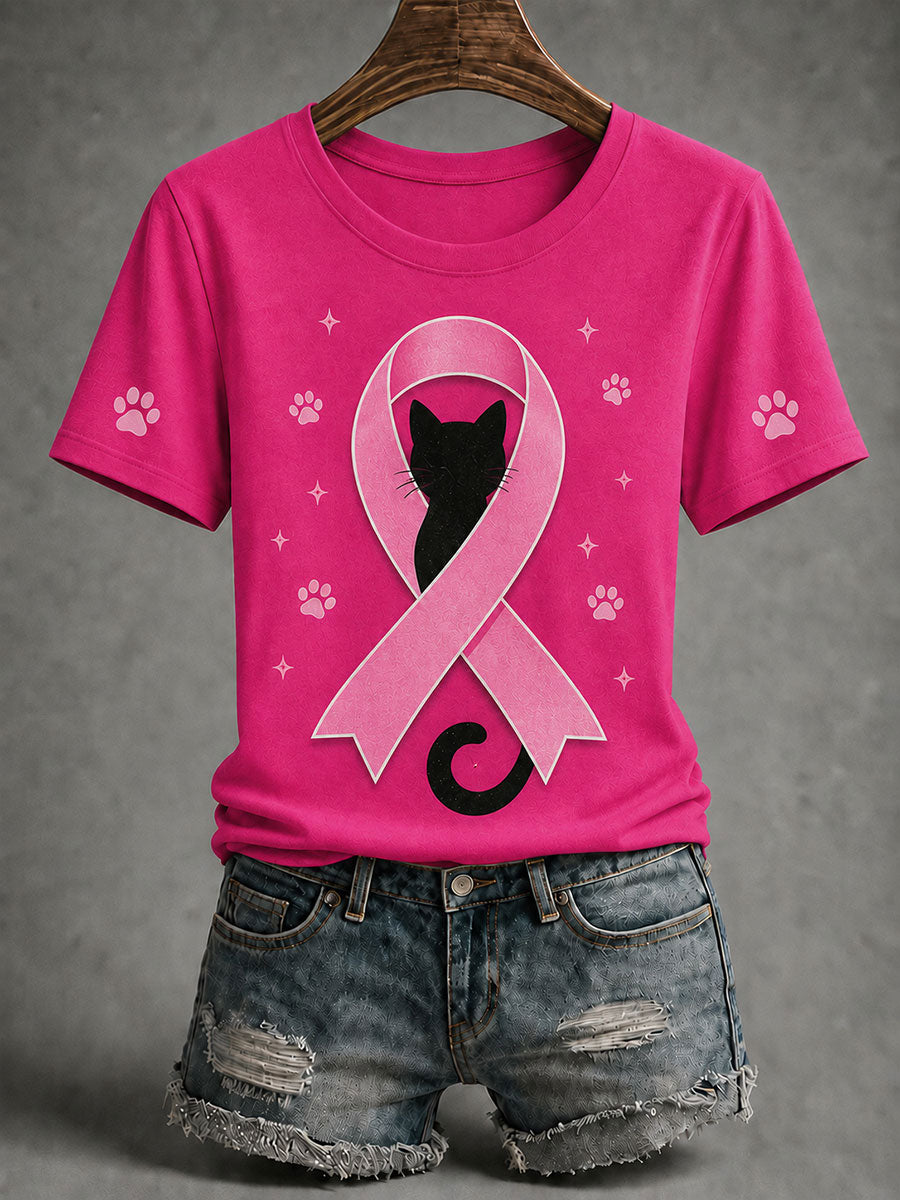 Camiseta de manga corta de la cinta del rosa del gato negro de la conciencia del cáncer de pecho de las mujeres