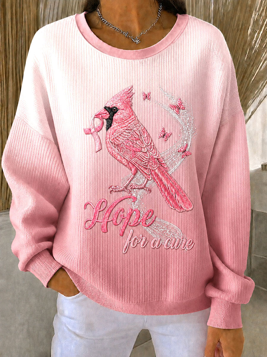 Conciencia del cáncer de mama de las mujeres con diseño floral y pájaro acanalado sudadera con cuello redondo