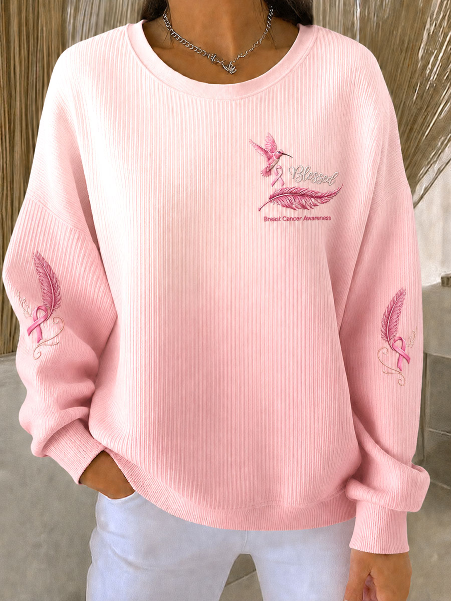 Sudadera de cuello redondo con ribeteado y estampado floral y de aves, en apoyo a la concienciación sobre el cáncer de mama