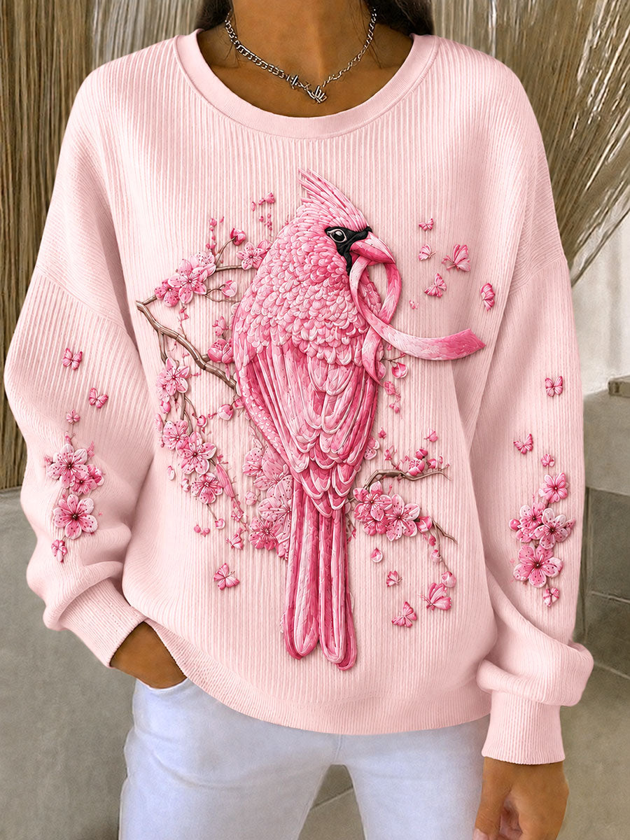 Sudadera de cuello redondo con ribeteado y estampado floral y de aves, en apoyo a la concienciación sobre el cáncer de mama