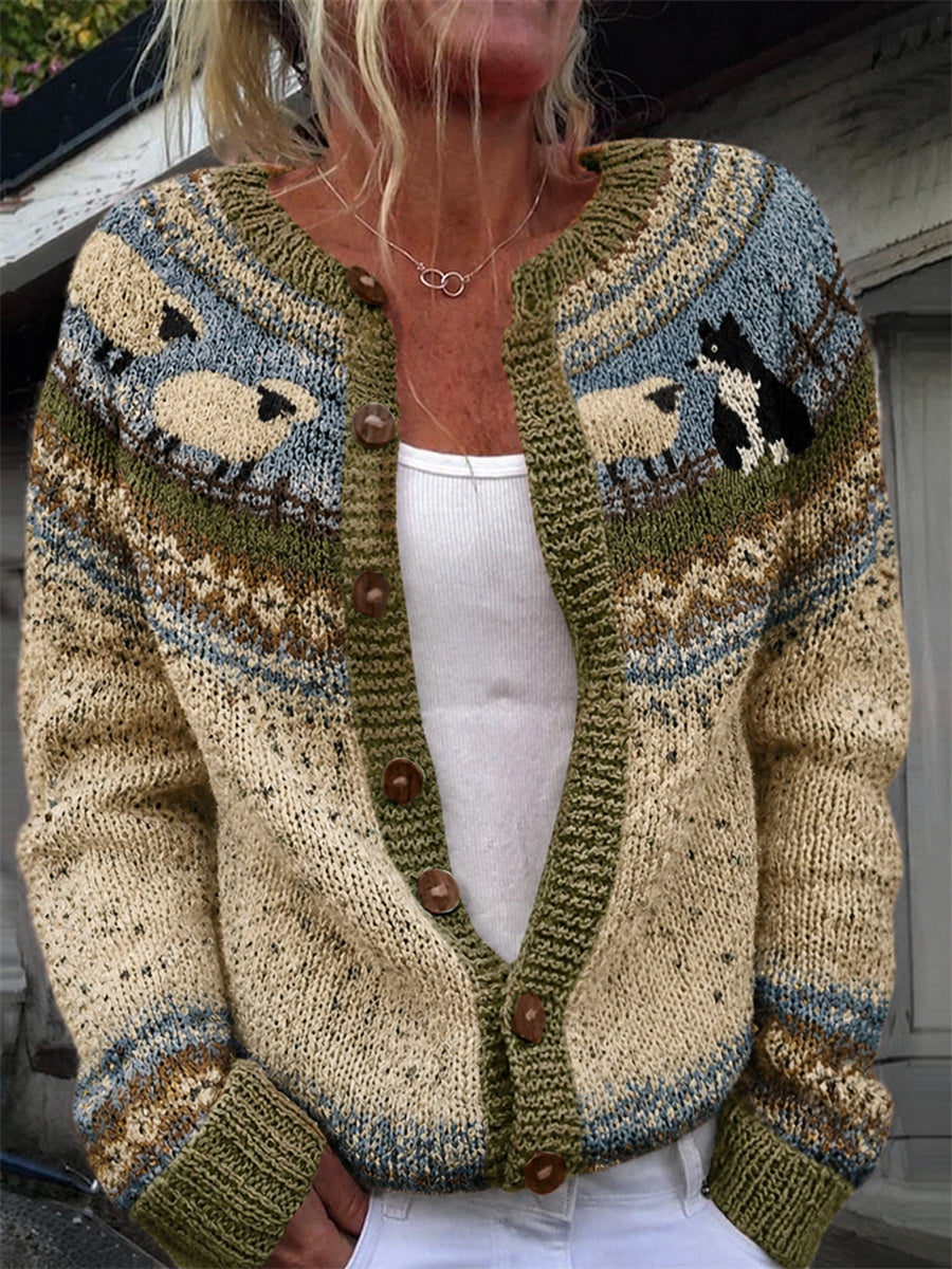 Vintage Farm Border Collie & Sheep Yoke Isle Print Cozy Cardigan para mujer