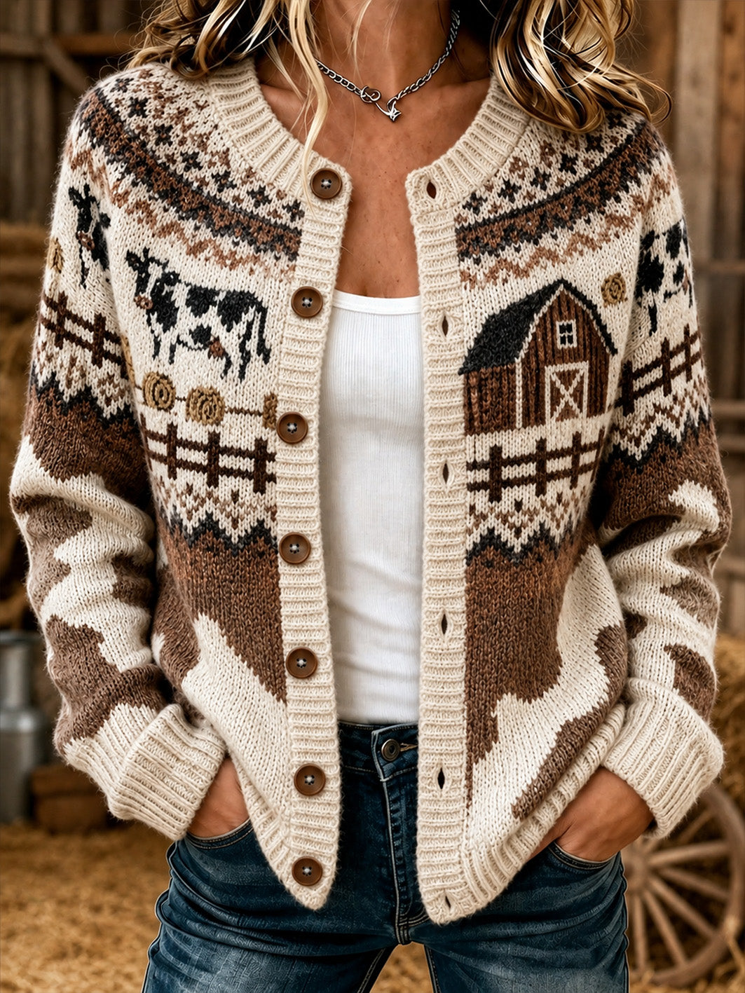 Patrón de vaca de granja de las mujeres impreso chaqueta de punto estilo cardigan casual