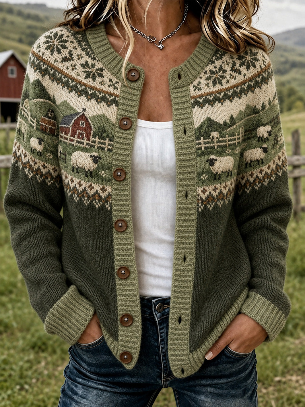 Patrón de ovejas de granja de las mujeres impreso chaqueta de punto estilo cardigan casual