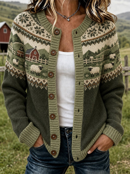 Patrón de ovejas de granja de las mujeres impreso chaqueta de punto estilo cardigan casual
