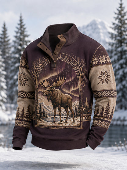 Jersey casual de invierno para hombre con estampado de alce y botones