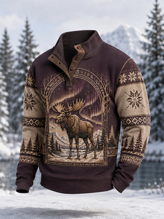 Jersey casual de invierno para hombre con estampado de alce y botones