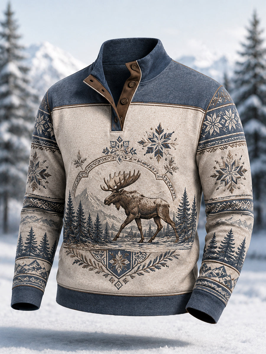 Jersey casual de invierno para hombre con estampado de alce y botones