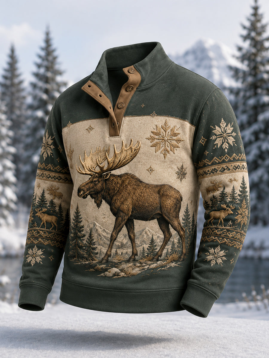 Jersey casual de invierno para hombre con estampado de alce y botones