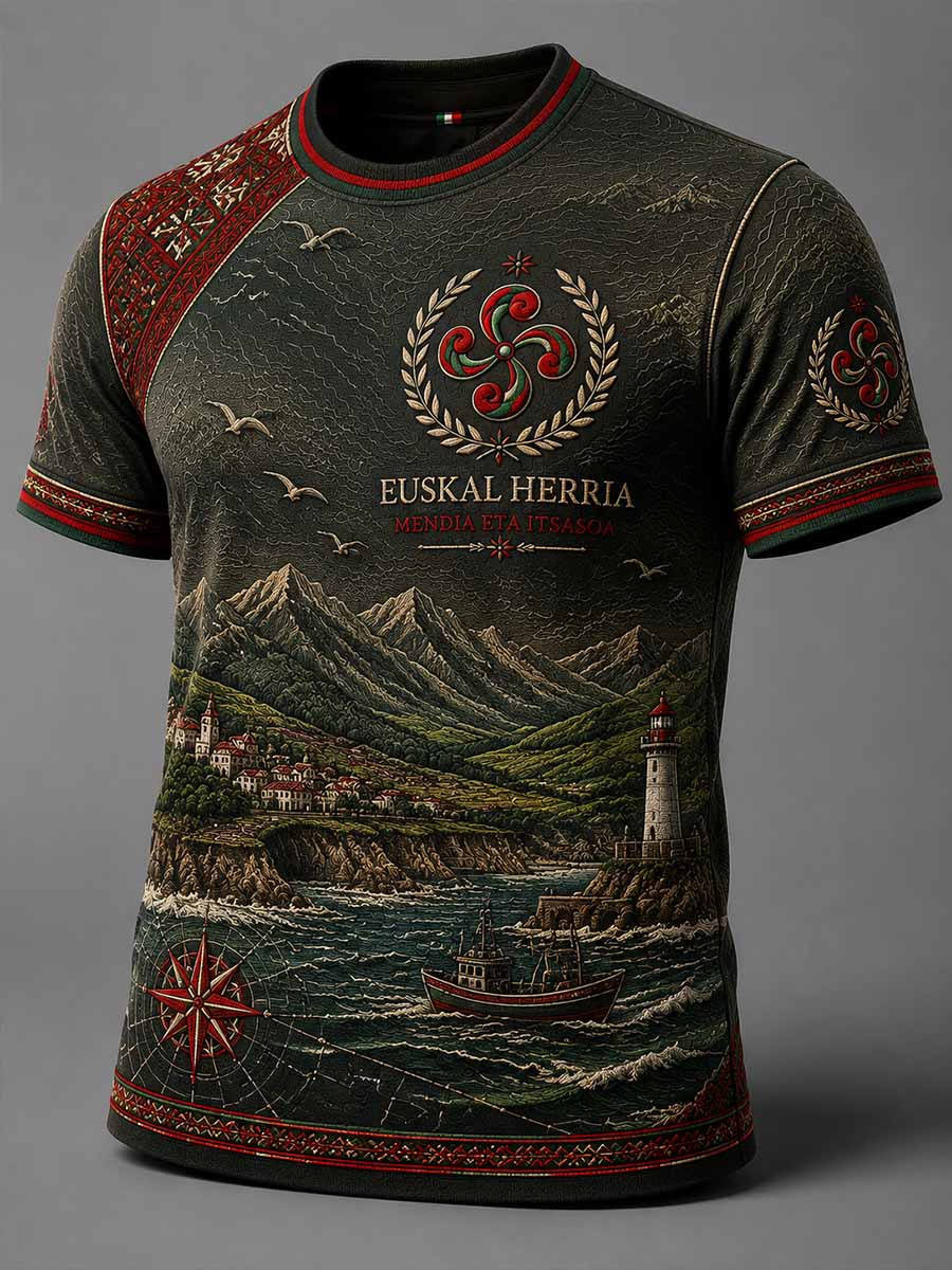 Camiseta Vintage con Estampado de Montañas y Mar Vasco para hombre