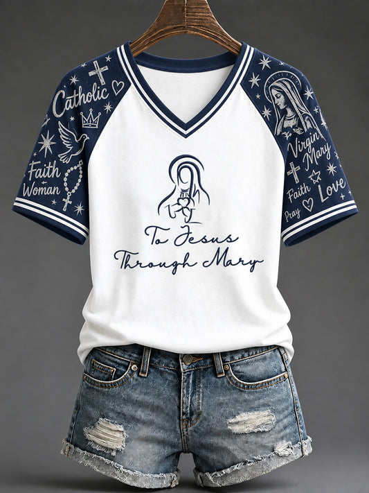 Camiseta Virgen María de fe católica "A Jesús a través de María" para mujer