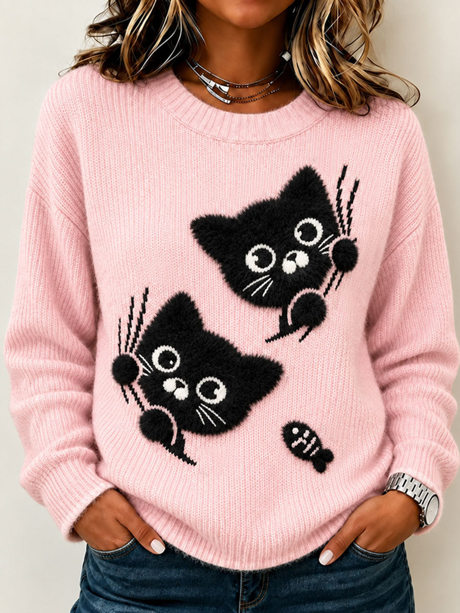 Suéter lindo del cuello del equipo del arte del gato de las mujeres