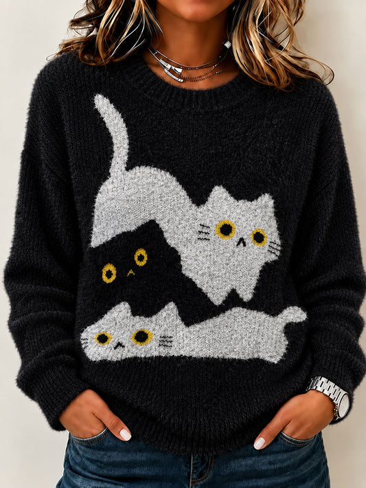 Suéter de cuello redondo con diseño de gato para mujer
