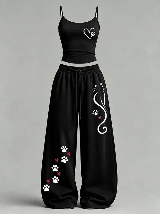 Conjunto informal con estampado de gatos para mujer