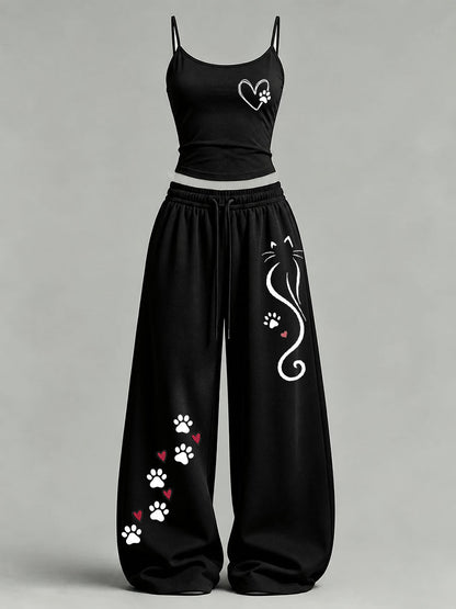 Conjunto informal con estampado de gatos para mujer