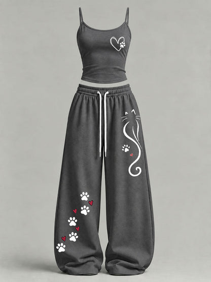 Conjunto informal con estampado de gatos para mujer