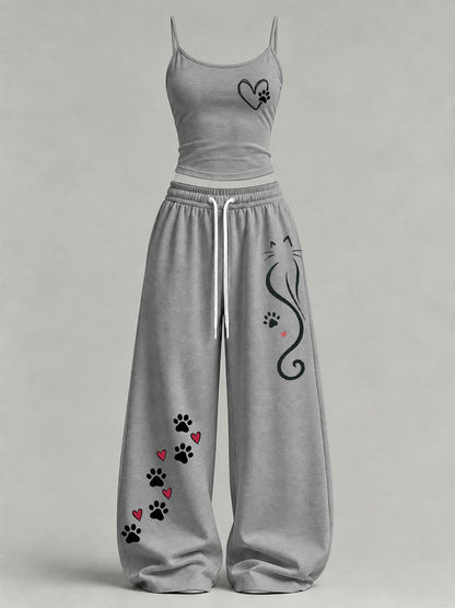 Conjunto informal con estampado de gatos para mujer