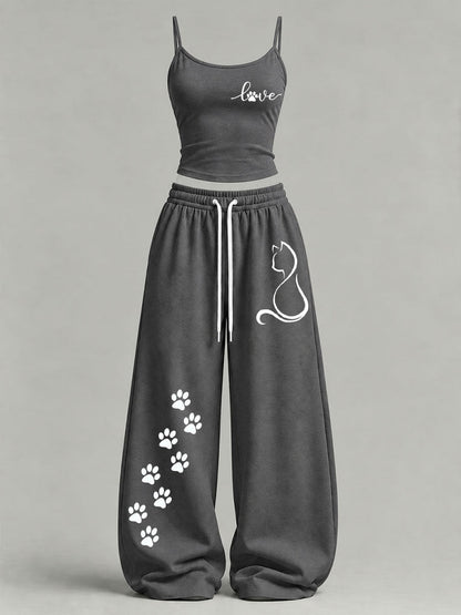 Conjunto informal con estampado de gatos para mujer