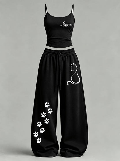 Conjunto informal con estampado de gatos para mujer