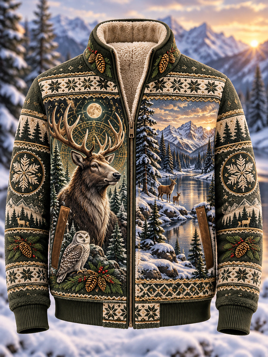 Chaqueta de cuello alto con forro polar y estampado de animales del bosque nórdico para hombre