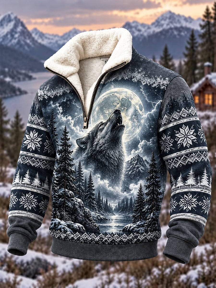 Sudadera casual con forro polar de animal de bosque nórdico para hombre