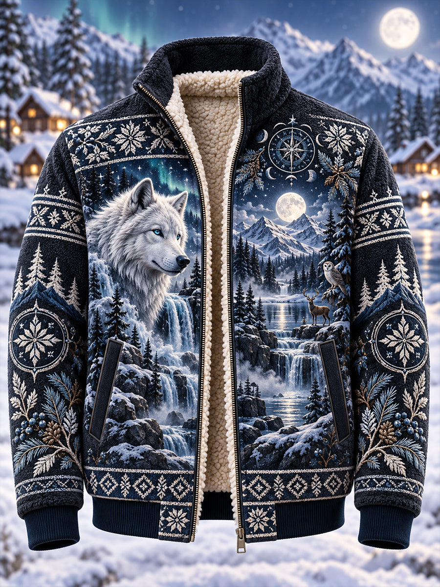 Chaqueta de cuello alto con forro polar de animal de bosque nórdico para hombre