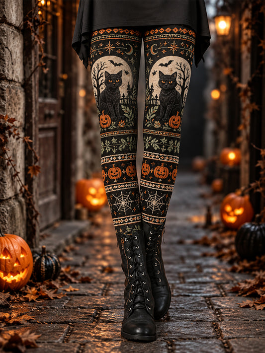 Leggings con estampado de gato negro de Halloween para mujer