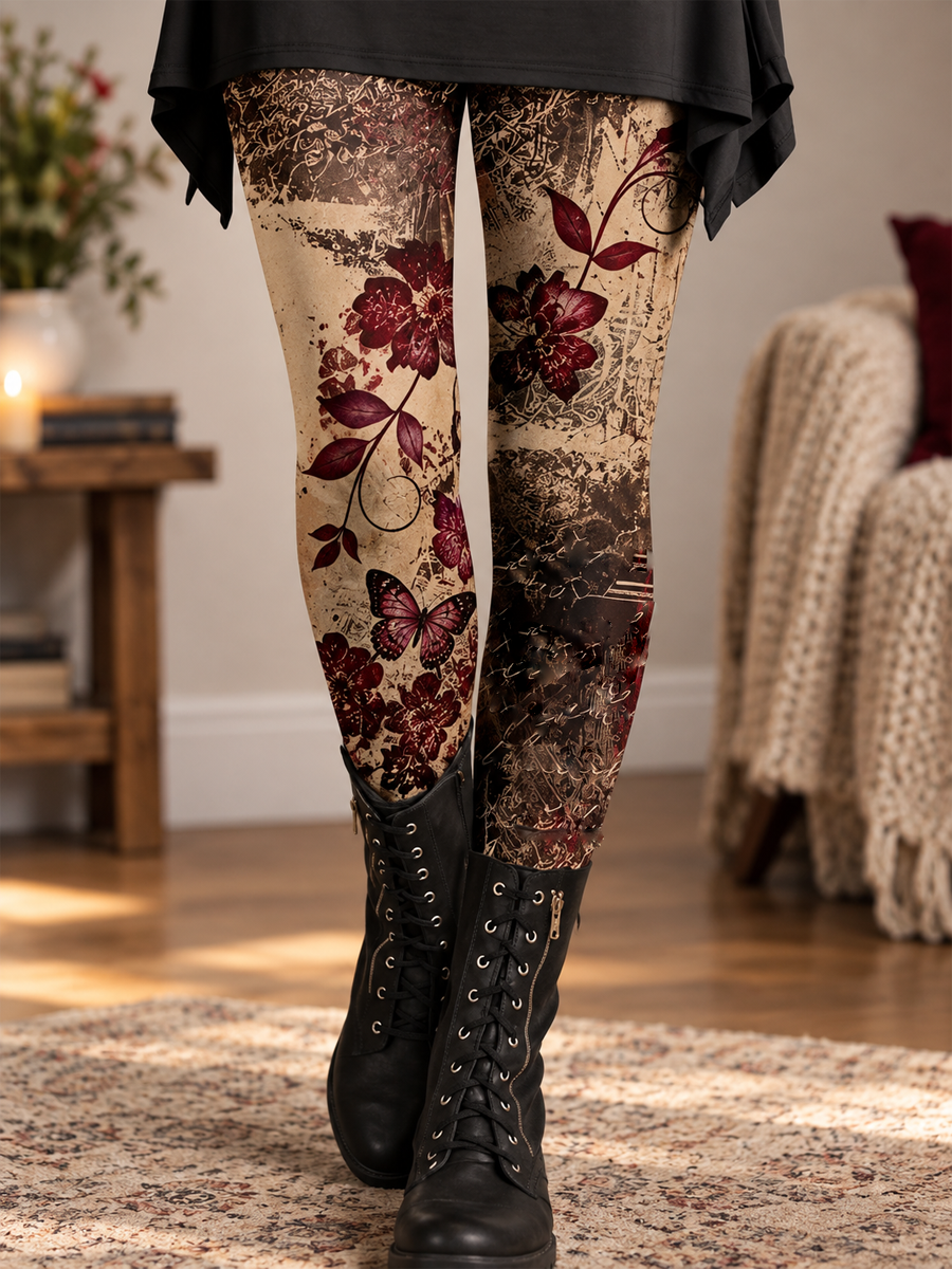 Mujer Otoño/Invierno Floral Art Impreso Leggings de Terciopelo