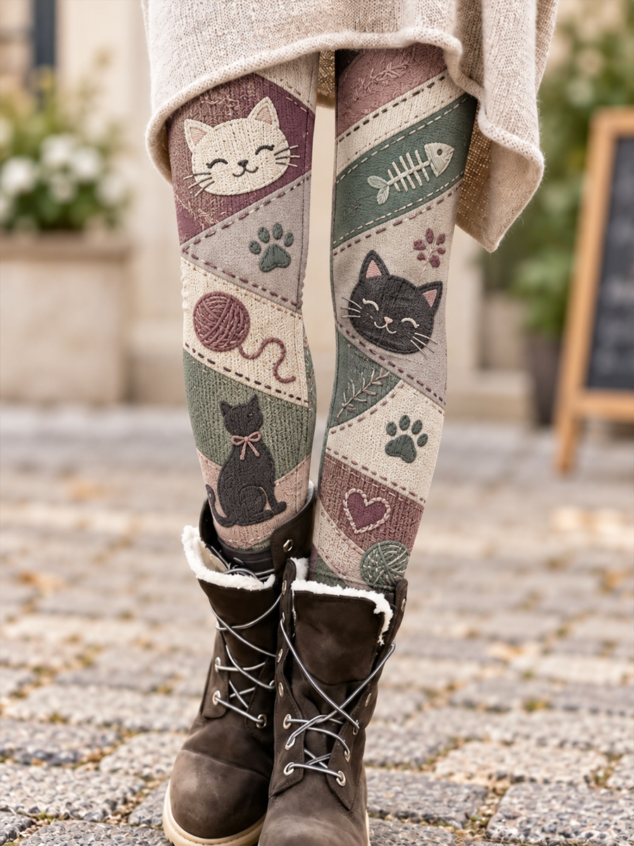 Mujer Otoño/Invierno Gato Arte Impreso Leggings de Terciopelo