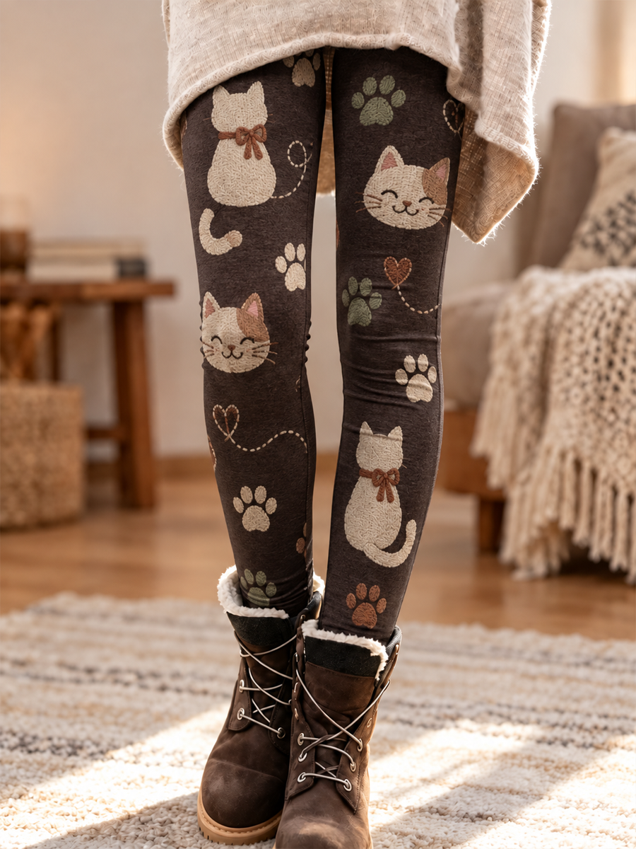 Leggings de terciopelo con estampado de arte de gatos para mujer, colección otoño/invierno