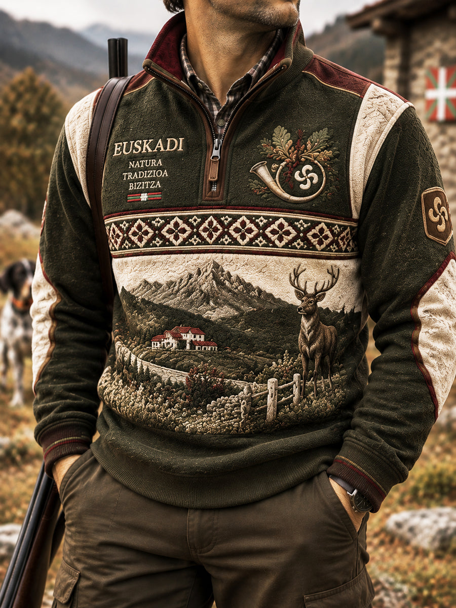 Polo con cremallera de alce de temporada de caza vasca vintage