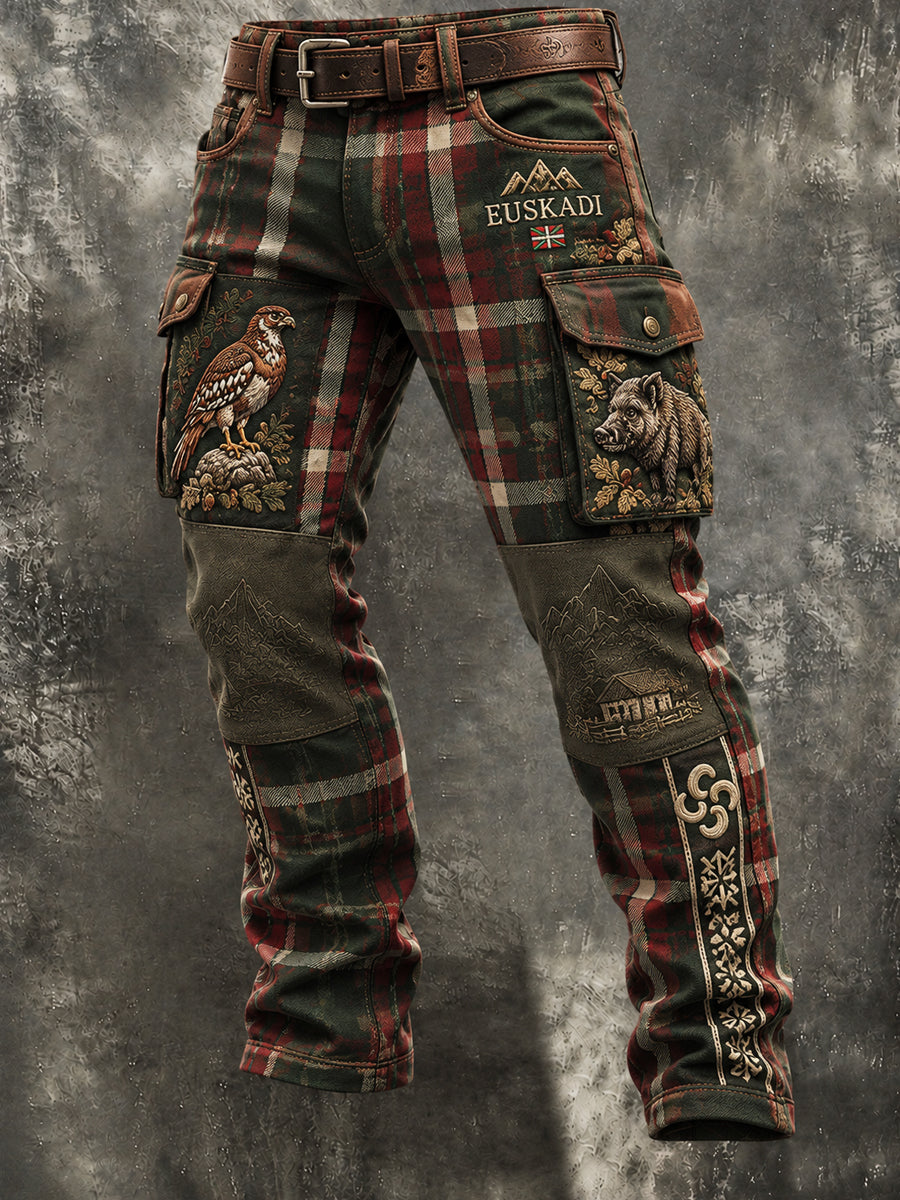 Retro Basque Hunting Season Pantalones de trabajo a cuadros al aire libre
