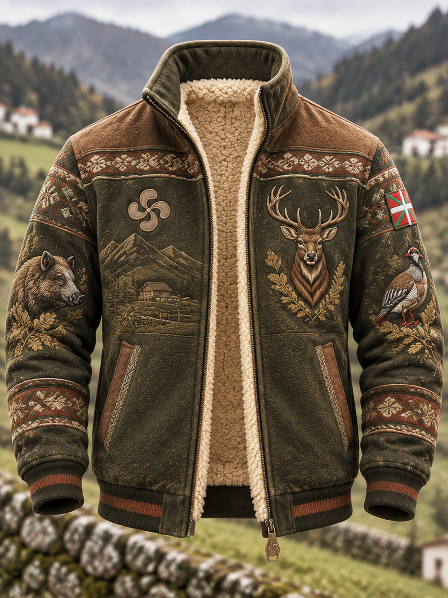 Hombre Vintage Caza Vasco Estampado Animal Forro Polar Chaqueta